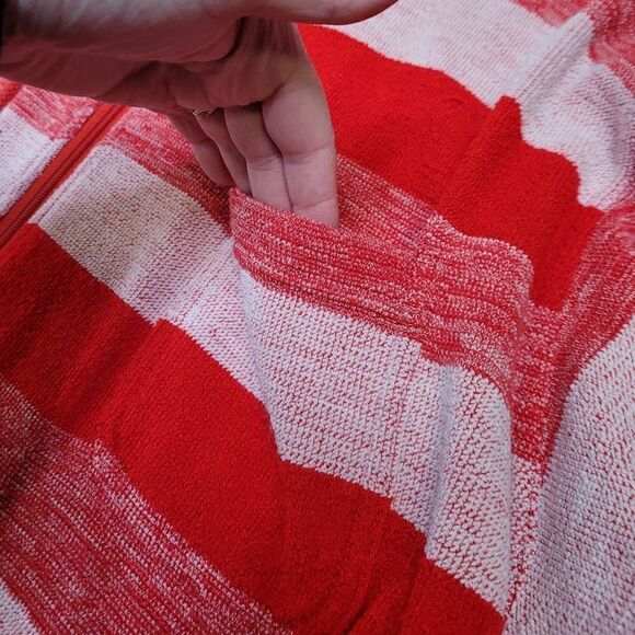 VINTAGE 90s red terry cloth zip up striped oversized hooded beach sweatshirt L - Picture 5 of 8